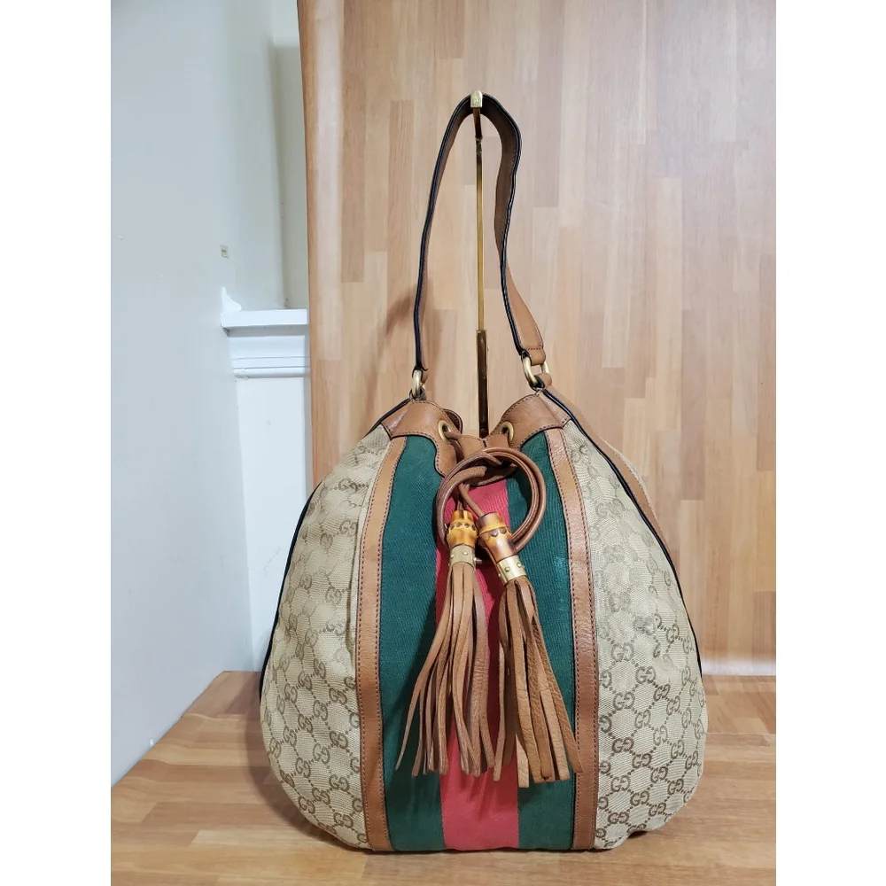 GUCCI Monogram Web Rania Drawstring Shoulder Bag Sand - Picture 1 of 12